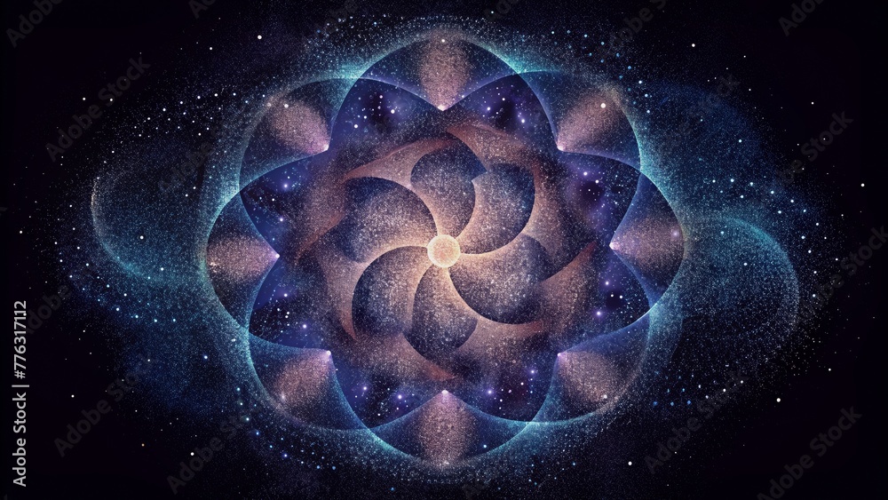 Poster A cosmic mosaic with individual specks of dust coming together to form larger interconnected s.
