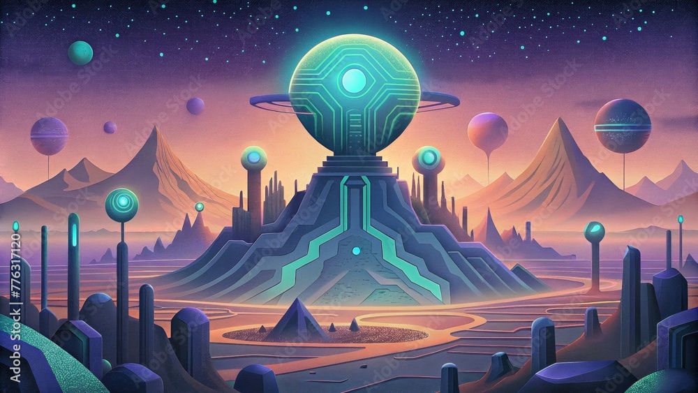 Poster an otherworldly alienlike landscape of glowing circuitry showcasing the endless potential of technol