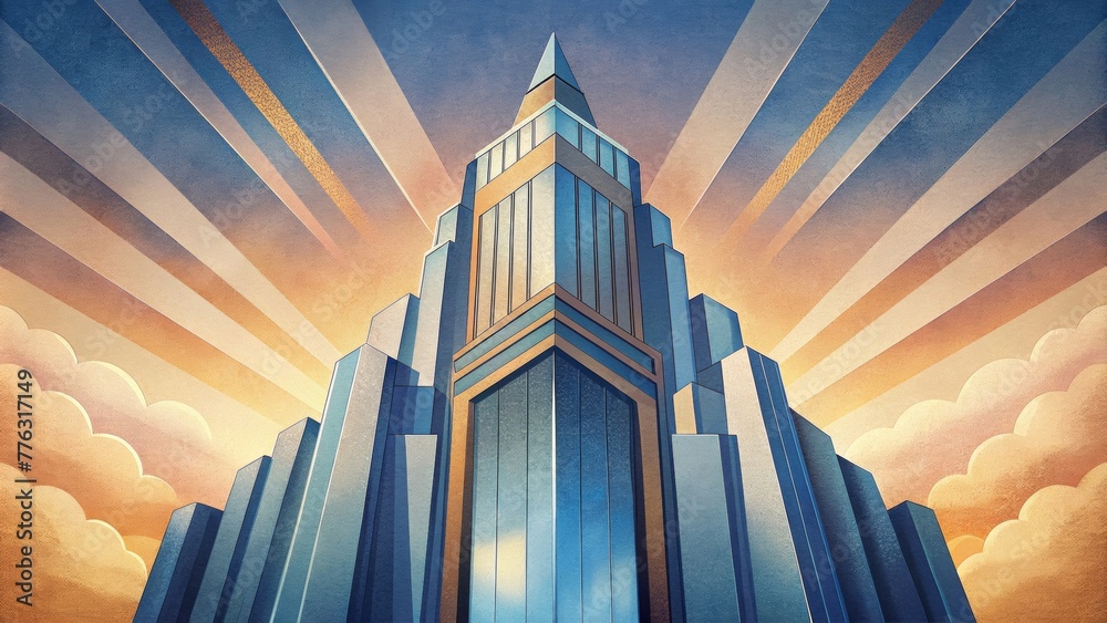 Poster a sharp and angular skyscr its crisp lines and metallic exterior exuding art deco sophistication.