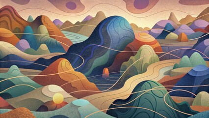 A chaotic depiction of topography with overlapping and tangled lines in various colors evoking the unpredictable and everchanging nature of - obrazy, fototapety, plakaty