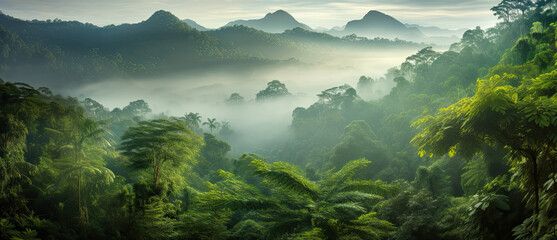 Naklejka premium Rainforest forest with fog and mist, natural background