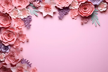 Paper flowers and leaves on pink background. top view.