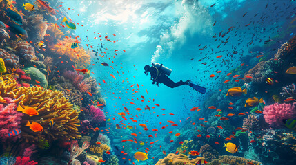 Fototapeta na wymiar Selective focus of underwater photography, divers exploring colorful coral reefs and marine life.