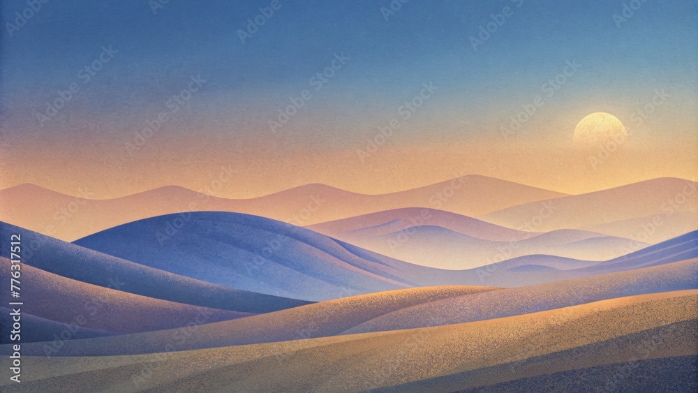 Poster a minimalist landscape painting with a soft grainy gradient sky and smooth rolling hills in the fore
