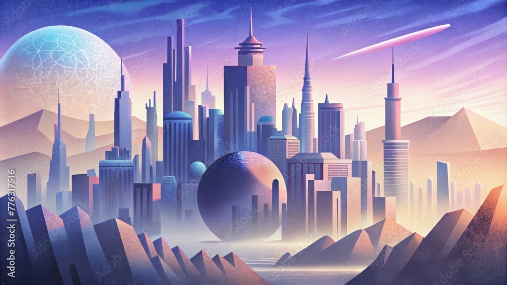 Poster a digital illustration of a futuristic cityscape with sleek smooth buildings and a grainy gritty ove