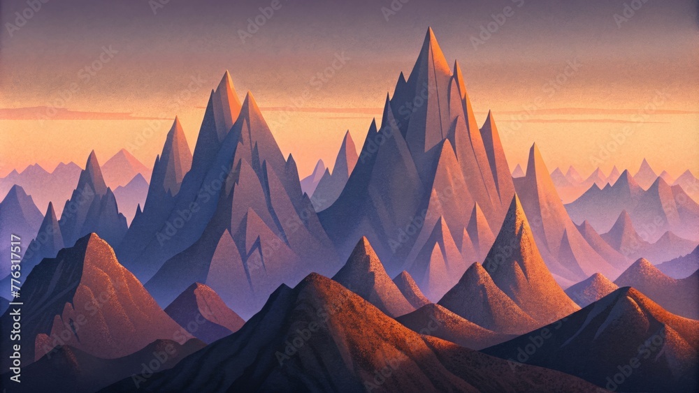 Poster a photograph of a rocky mountain range the sharp jagged peaks standing out against a soft grainy gra