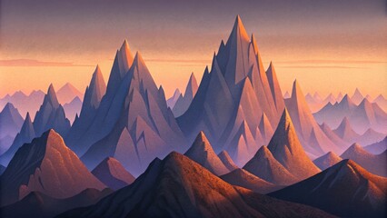 A photograph of a rocky mountain range the sharp jagged peaks standing out against a soft grainy gradient sunset sky.
