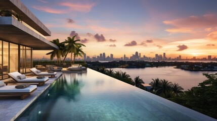 Fototapeta premium Modern villa with a private rooftop infinity pool overlooking the Miami skyline in Florida