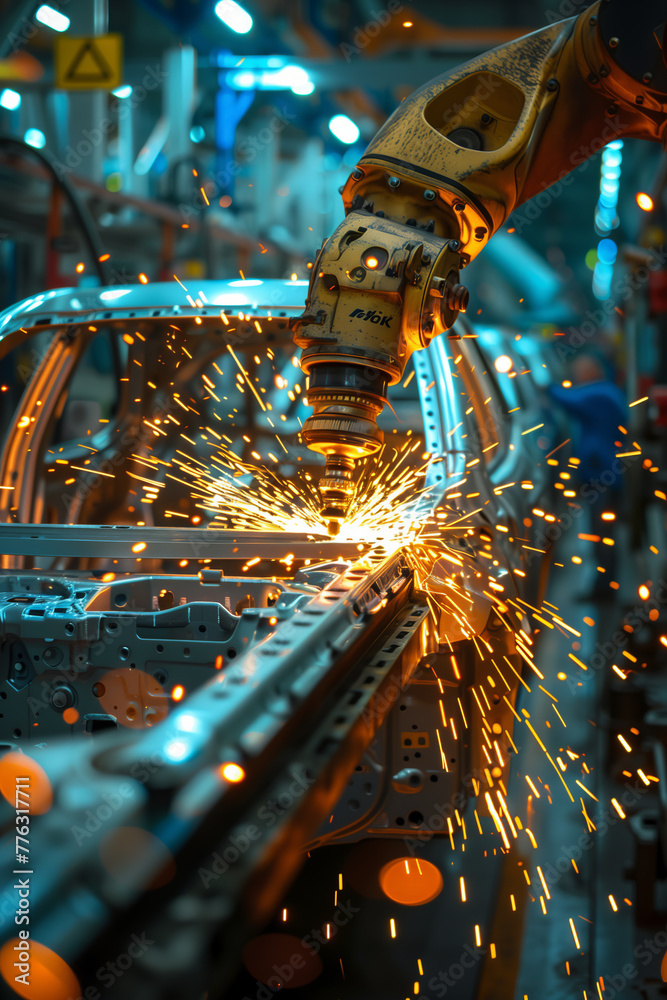 Wall mural selective focus of 3d rendering of a robot arm welding a car frame in a car assembly plant.