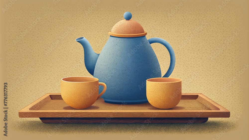 Poster a minimalist teapot and cups on a plain wooden tray set against a neutral backdrop.