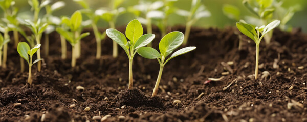 Small green sprouts in the soil. Planting seedlings of green plants in open ground. Concept of agriculture, gardening and ecology with copy space.