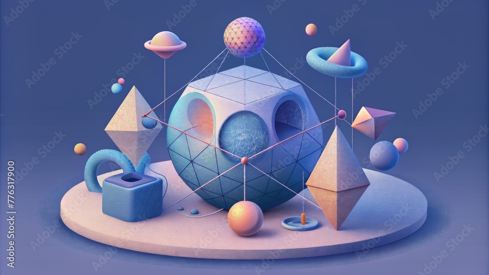 Poster A symphony of wireframe objects and shapes each one intricately connected and harmoniously coexisting in this D realm.