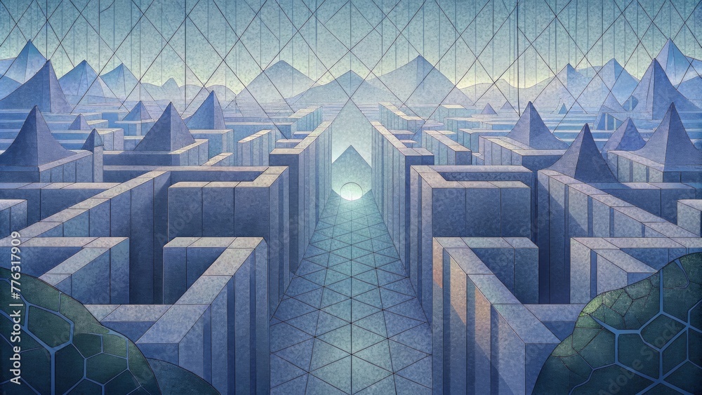 Aufkleber A maze of wireframe walls whose transparent nature allows glimpses into a vast and mysterious wireframe world.