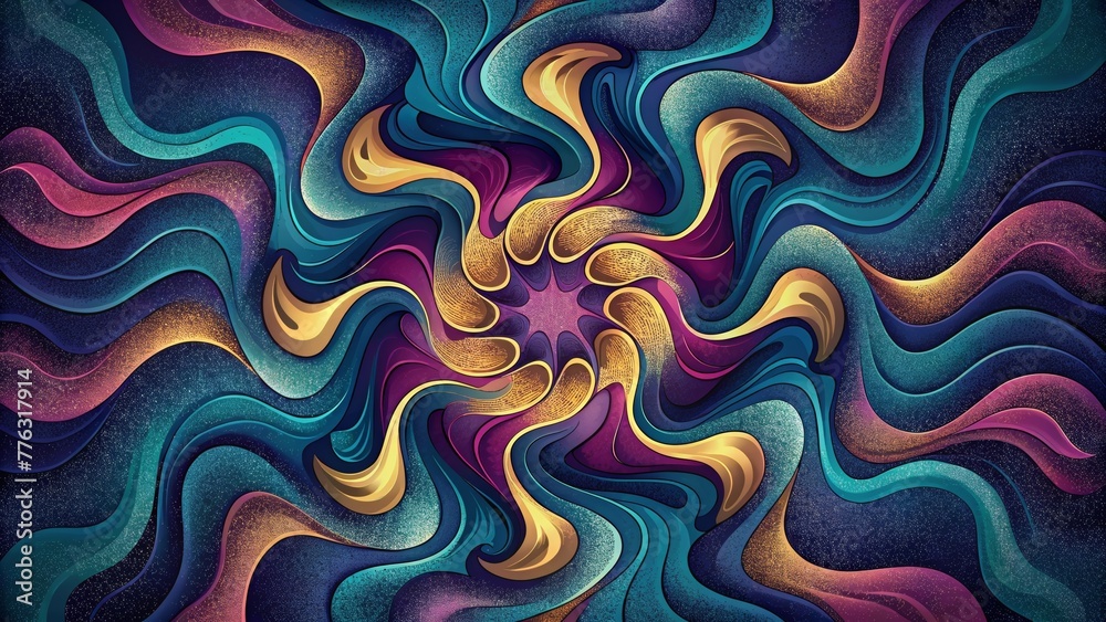 Poster swirls of magenta turquoise and gold dance across a backdrop of deep purple mimicking fluid movement