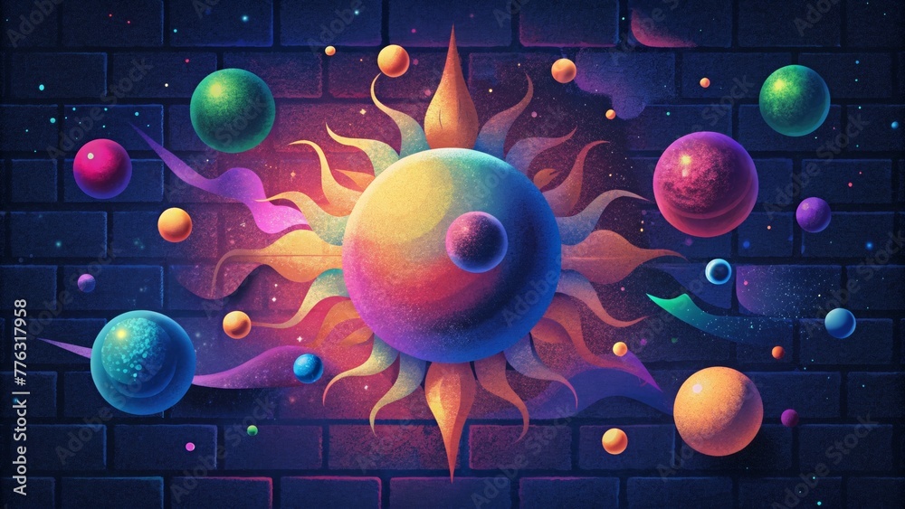 Poster An array of vibrant planets and constellations come to life in an explosion of color and shape creating a psychedelic galaxy on a brick wall.