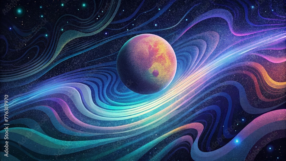 Poster a cosmic portrayal of energy and movement captured in the form of chromatic waves sweeping across th
