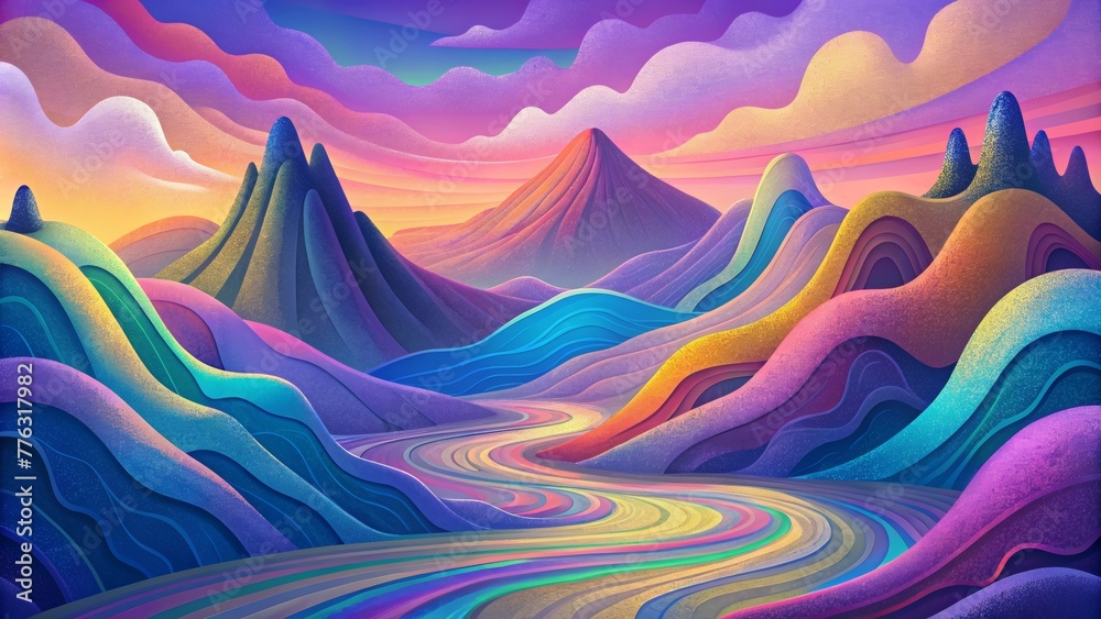 Poster a surreal landscape of chromatic waves cascading down imaginary hills and valleys in a fantastical w