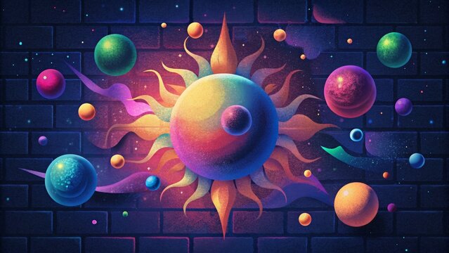 An array of vibrant planets and constellations come to life in an explosion of color and shape creating a psychedelic galaxy on a brick wall.