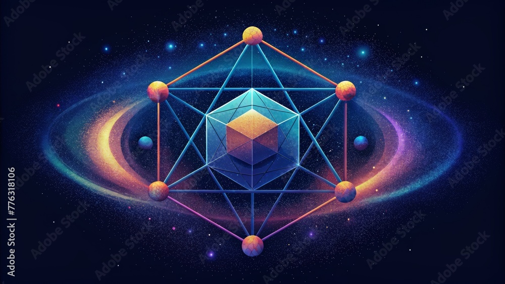 Poster cosmic geometry illuminating the darkness with triangles hexagons and stars connecting.