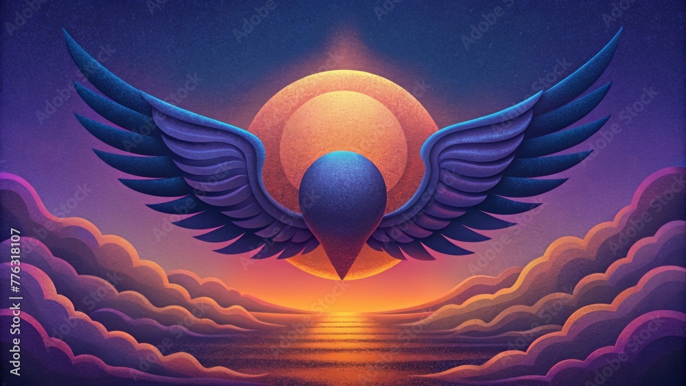 Poster Mysterious and dynamic forms evoking the feeling of flight set against a rich vibrant sunset fading into the night.