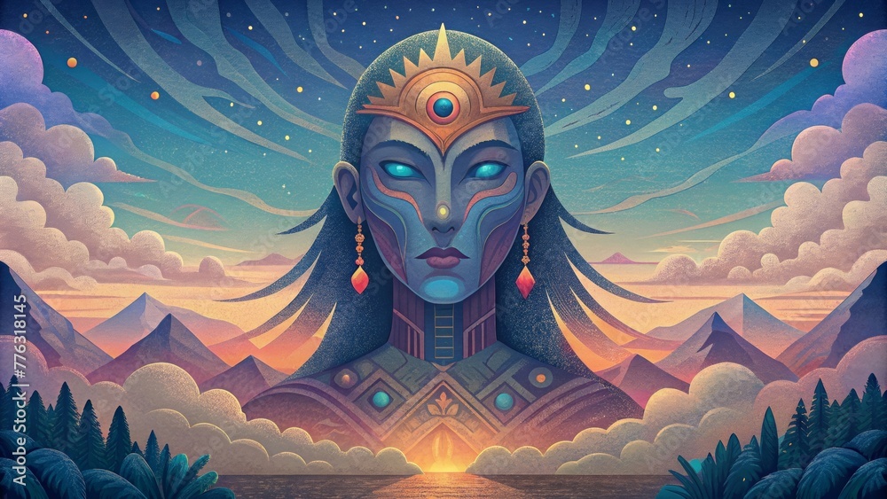 Poster an otherworldly vision of a tribal tapestry with surreal and dreamlike imagery melding together to c