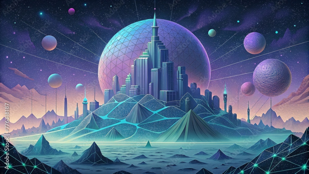 Aufkleber A cybernetic landscape built upon a network of intricate lines and precise dots evoking a sense of technological wonder.