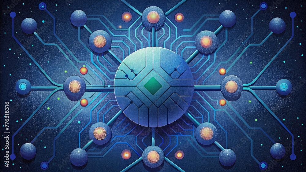 Poster A mosaic of interconnected digital circuits and wires illustrating the interconnectedness and complexity of the digital world in a Digital