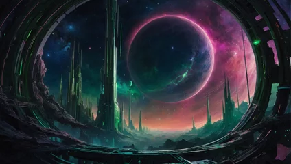 Fotobehang In the ethereal expanse of space, a luminescent zealous space habitat glows with fervor, radiating hues of iridescent greens and pinks against the dark void. © xKas