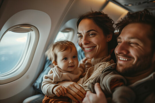 Selective focus of Caucasian man and woman holding small children Look at the window while flying in an airplane during a trip.