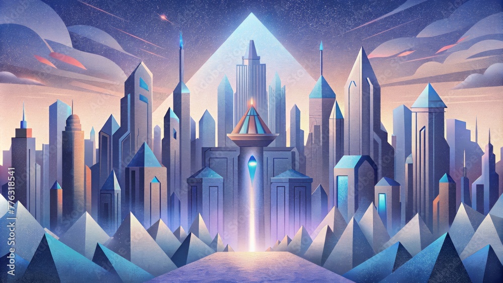 Poster A futuristic cityscape glimmers with the facade of crystalline buildings each one sharp and symmetrical in its design.