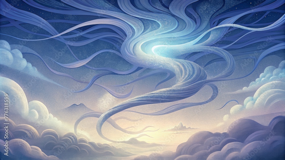 Poster wispy tendrils of light twisting and turning through a misty dreamlike world.