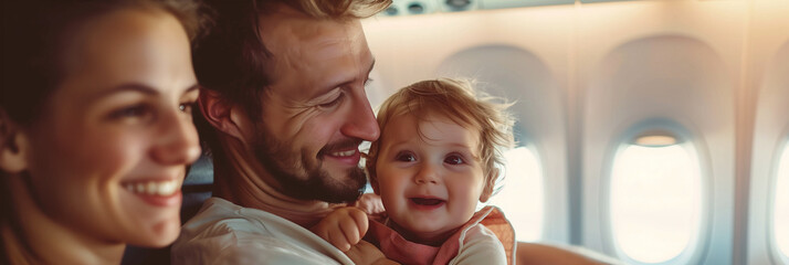 Selective focus of Caucasian man and woman holding small children Look at the window while flying in an airplane during a trip.