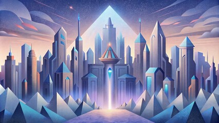 A futuristic cityscape glimmers with the facade of crystalline buildings each one sharp and symmetrical in its design.