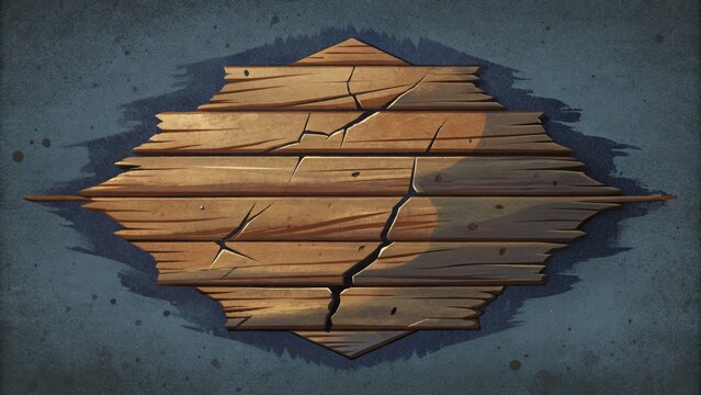 A distressed wooden plank with chipped paint and splintered edges.
