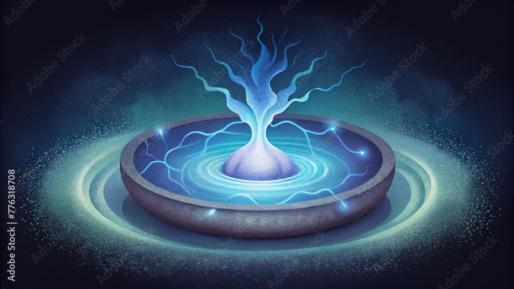 Poster a glowing pool of liquid silver with tendrils of electricity coursing through its surface.