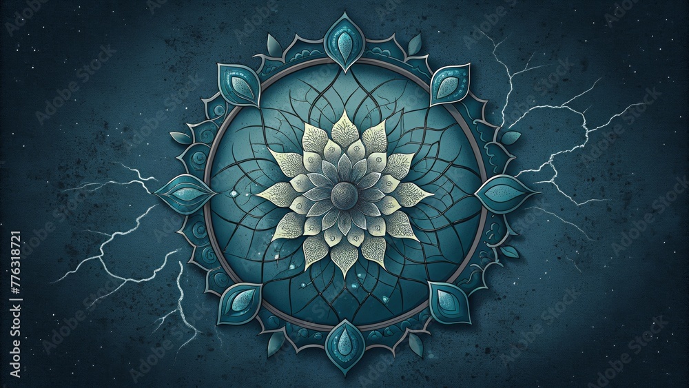 Poster a worn cracked frame encases an intricate mandala design giving this vintage vignette a touch of mys