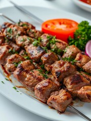Plate of shish kebab on skewers with fresh vegetables.	