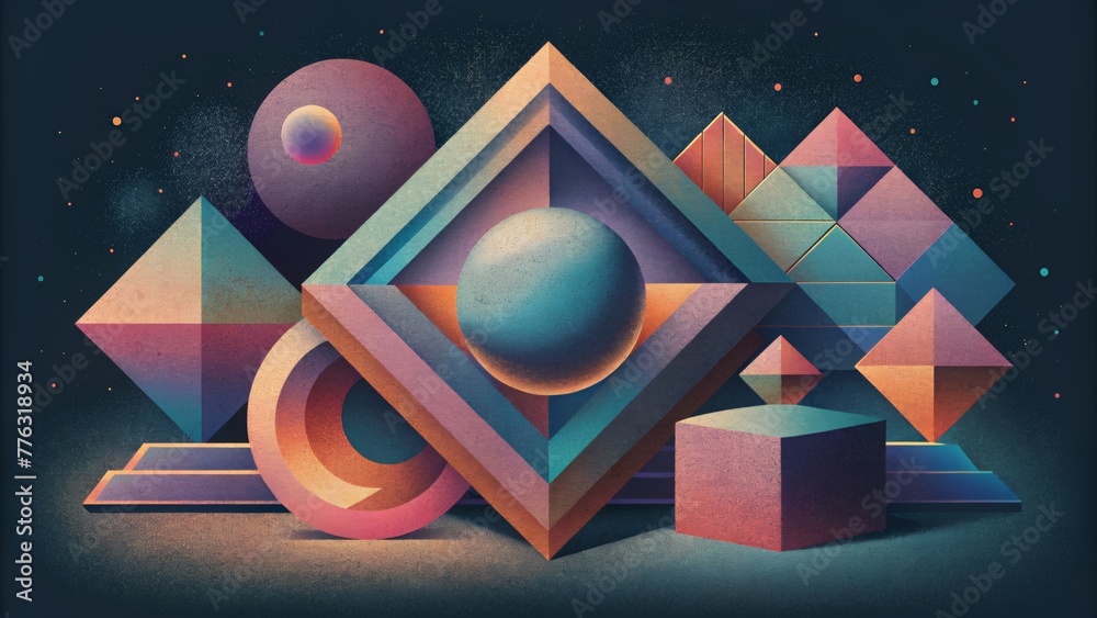 Poster Squares triangles and circles come together in a pixelated symphony harmoniously blending into abstract compositions in Pixel Play.