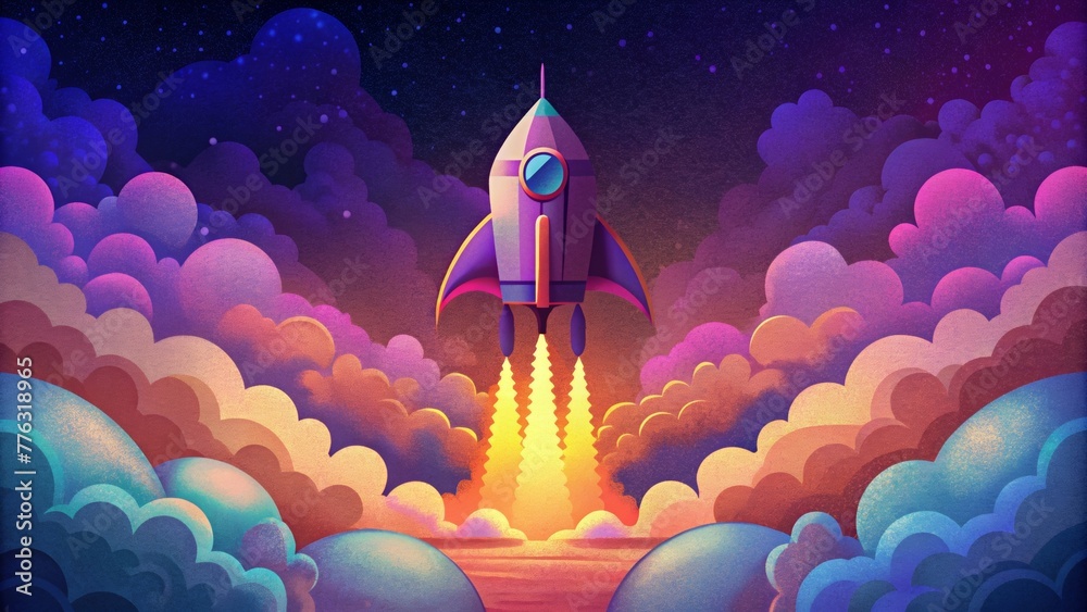 Poster a retrostyle rocket ship launching into space behind a backdrop of neon clouds and glowing advertisi