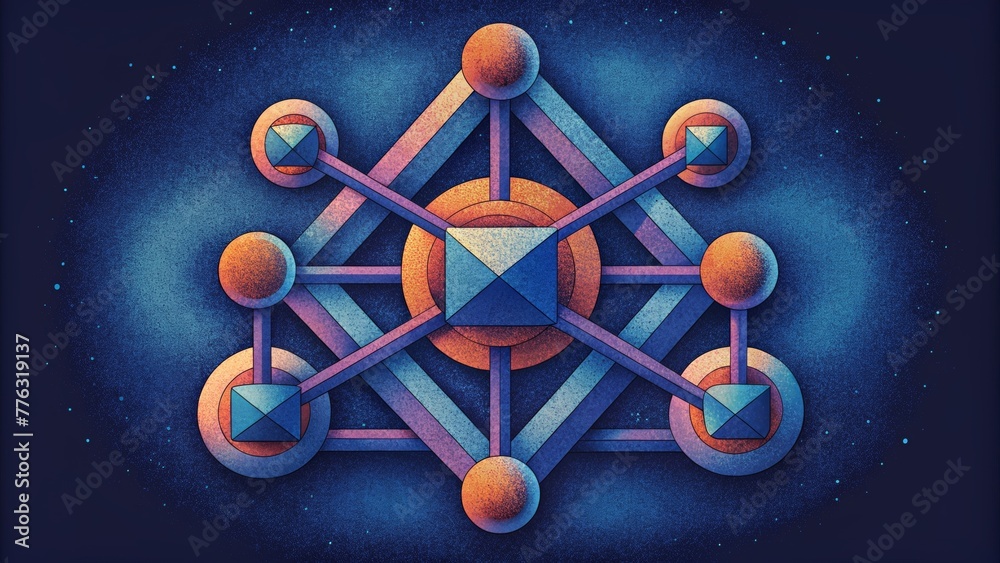 Poster A complex puzzle of triangles circles and squares merging together in a seamless design.