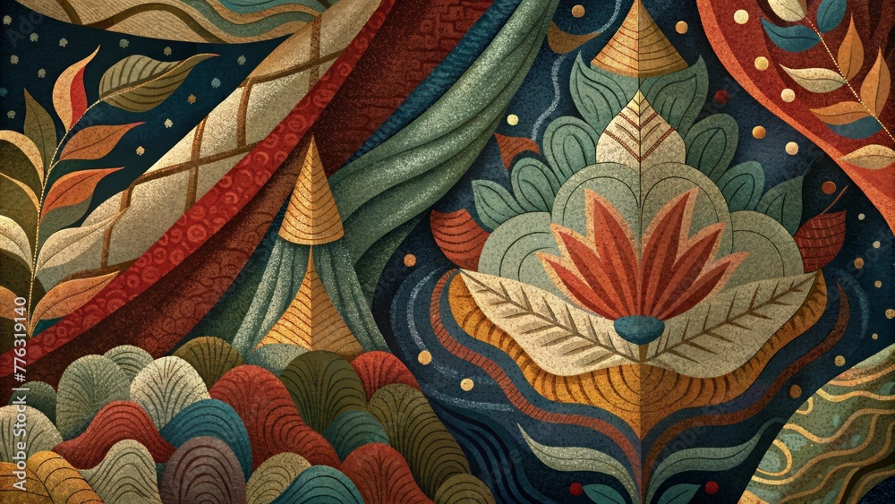 Fototapete A tapestry of richly textured fabrics featuring intricate patterns and varied weaves offers a striking visual feast that invites the viewer to