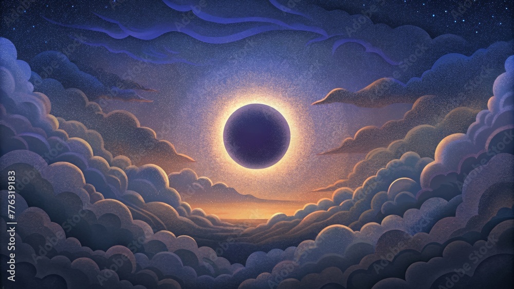 Poster a dreamlike image of a darkened sky with a glimmer of light peeking through echoing the beauty and m