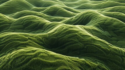 A detailed shot of a lush green natural blanket with a pattern resembling waves of a natural landscape. The design is reminiscent of algae or a grassy groundcover in a terrestrial plant habitat - obrazy, fototapety, plakaty