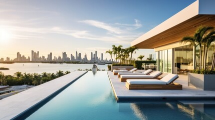 Obraz premium Modern villa with a private rooftop infinity pool overlooking the Miami skyline in Florida