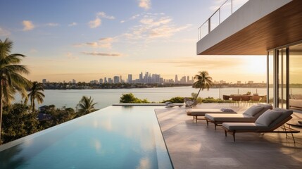 Fototapeta na wymiar Modern villa with a private rooftop infinity pool overlooking the Miami skyline in Florida
