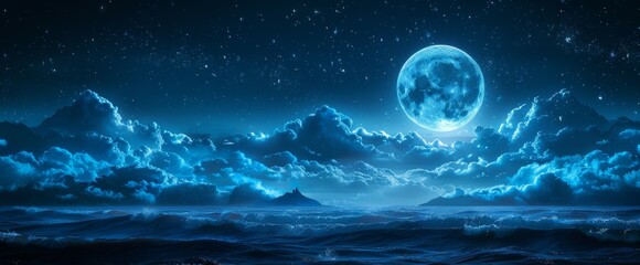 This image shows a peaceful background with a full moon in the sky, stars, and beautiful clouds.