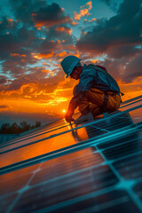A technician is installing solar panels at a photovoltaic power station.