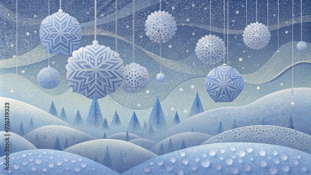 Poster Delicate snowflakes tered across a foggy frosted background creating a whimsical and ethereal atmosphere.