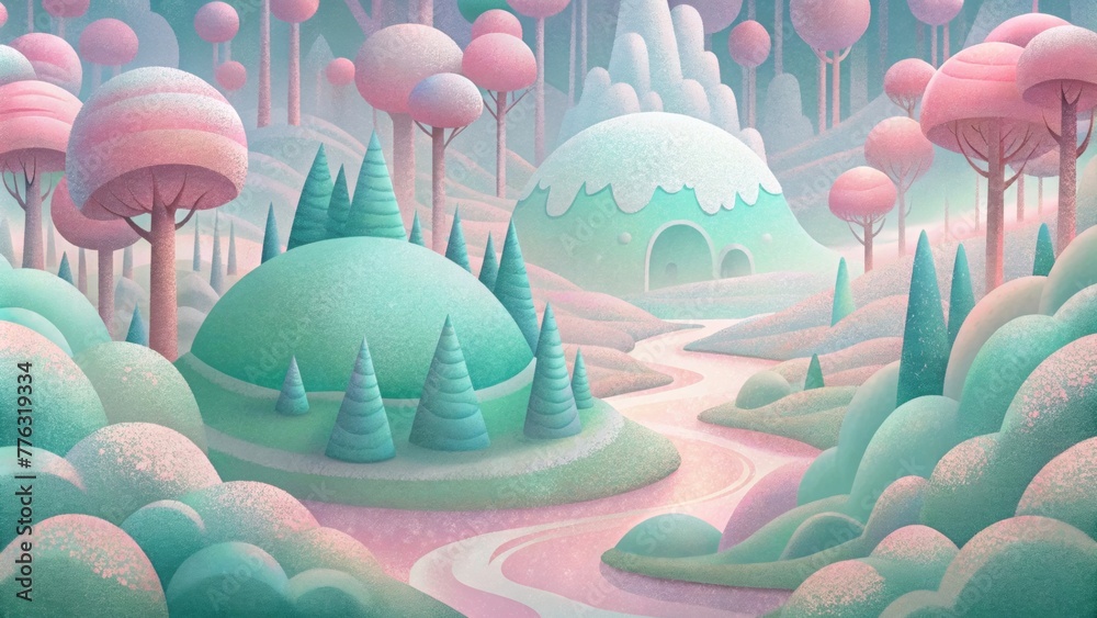 Poster Soft pastel strokes of pink and mint green flow together to create a frosted fantasy of an enchanted forest.