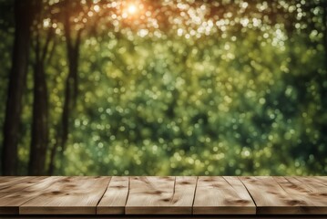 wooden table in front of blury nature background
